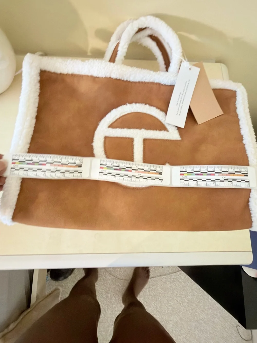 Shearling Trim Suede Tote Bag - Brown